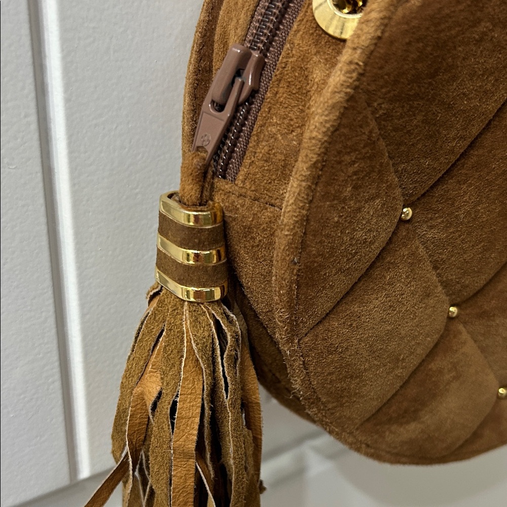 Brown Quilted leather /suede Crossbody Bag with studs - Picture 4 of 7